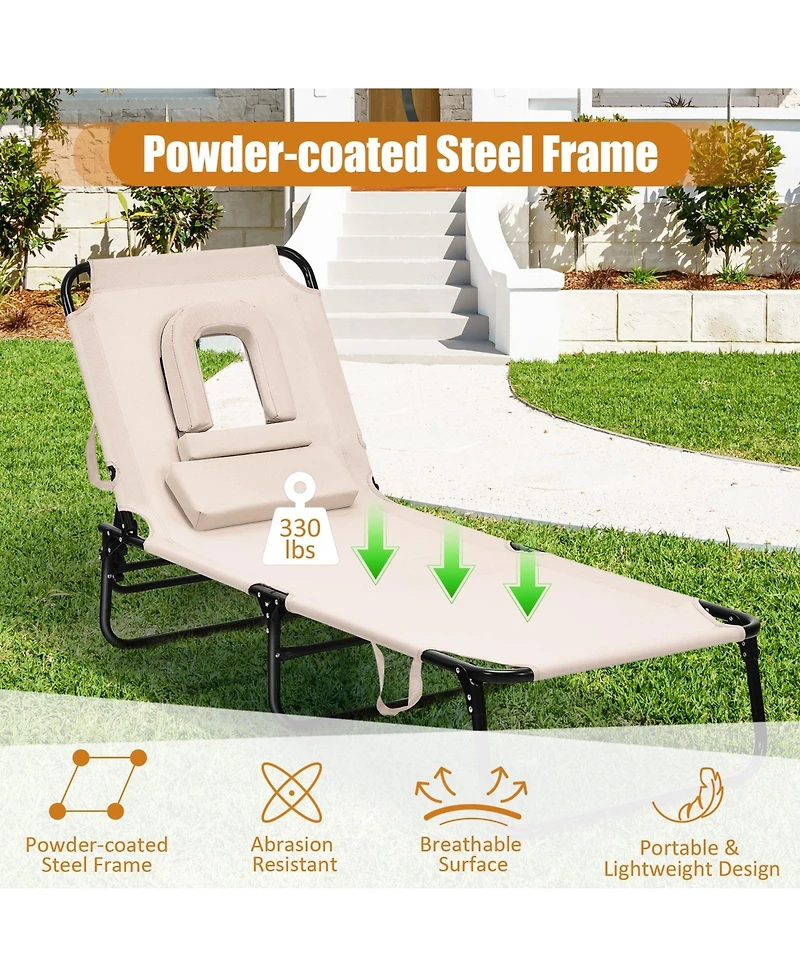 Slickblue Outdoor Folding Chaise Beach Pool Patio Lounge Chair Bed with Adjustable Back and Hole