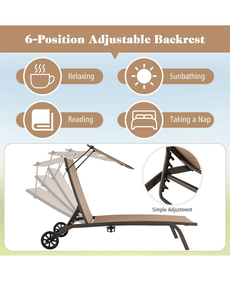 Slickblue Patio Heavy-Duty Adjustable Chaise Lounge Chair with Canopy Cup holder and Wheels-Brown