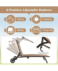 Slickblue Patio Heavy-Duty Adjustable Chaise Lounge Chair with Canopy Cup holder and Wheels-Brown
