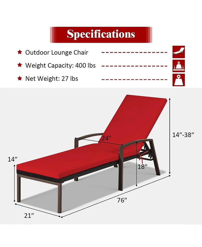 Slickblue 2 Pieces Patio Rattan Reclining Chaise Lounge Chair with Cushion and Armrest