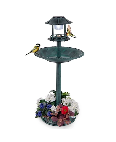 Slickblue Pedestal Bird Bath with Solar Light with Bird Feeder and Flower Planter