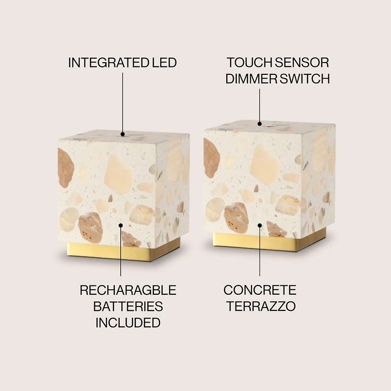 Jonathan Y Lara 4.63" Modern Glam Terrazzo Rechargeable/Cordless Dimmable Integrated Led Mini Table Lamp with Touch Sensor, Ivory/Brass Gold (Set of 2