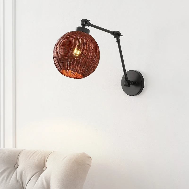 Jonathan Y Lyla 22" 1-Light Mid-Century Vintage Rattan Globe Swing Arm Led Sconce, Dark Brown/Black
