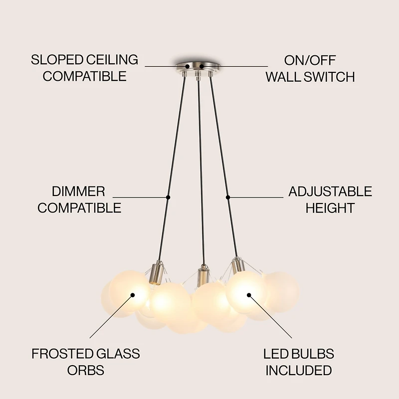 Jonathan Y Aubrey 24" 3-Light Mid-Century Glam Frosted Glass Orb Led Chandelier, White/Brushed Nickel