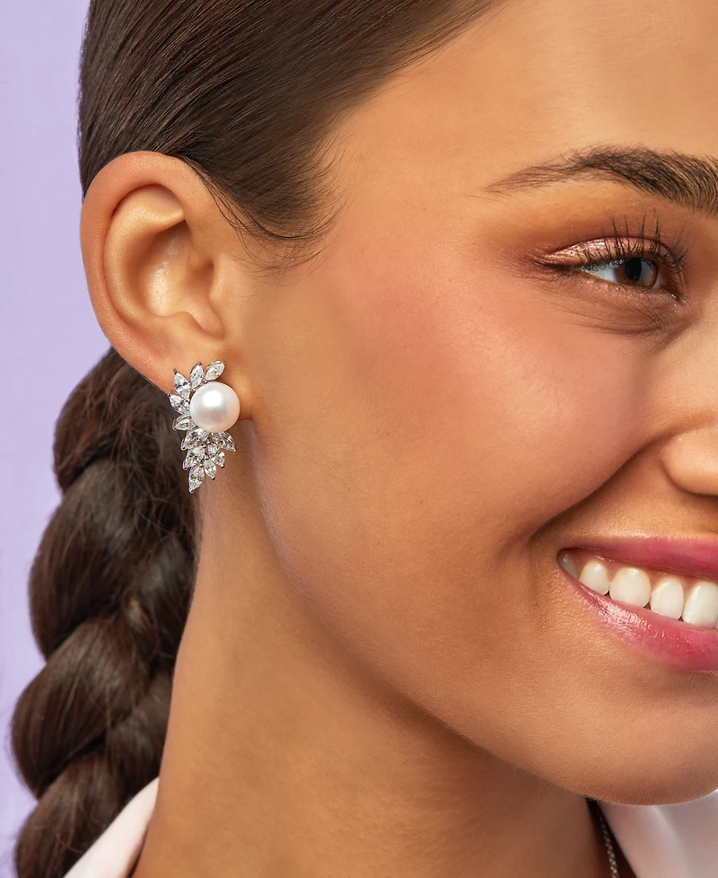 Arabella Cultured Freshwater Pearl (10mm) & Cubic Zirconia Drop Earrings in Sterling Silver