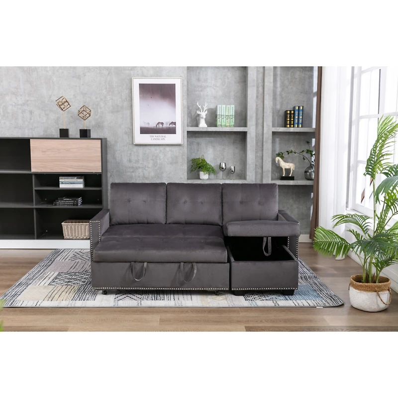 L-Shaped Velvet Sectional Sleeper Sofa, Dark Grey