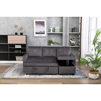 L-Shaped Velvet Sectional Sleeper Sofa, Dark Grey