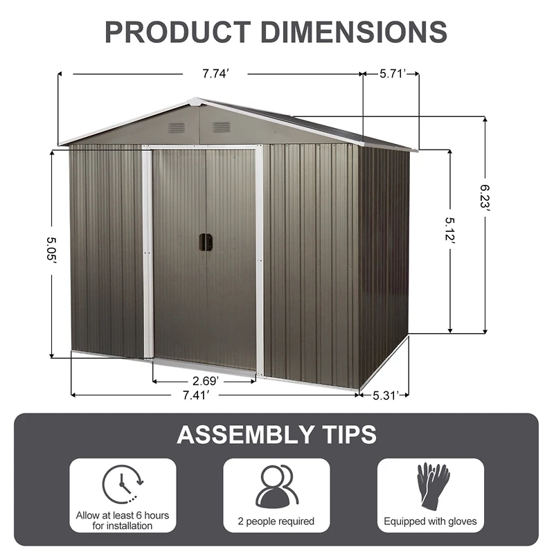 Streamdale Furniture 6FT X 8FT Outdoor Metal Storage Shed With Floor Base, Gray