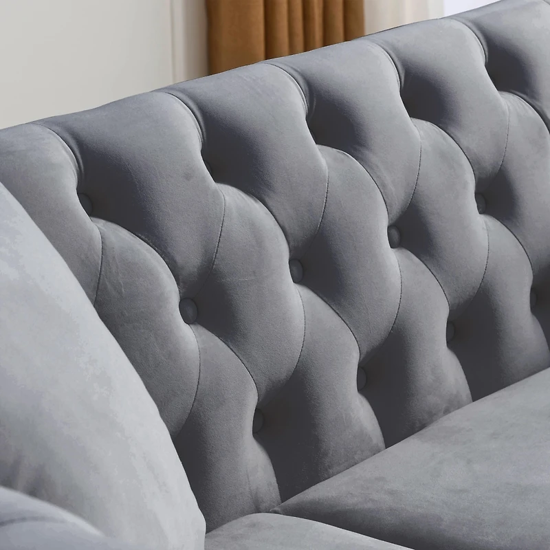 Streamdale Grey Velvet Tufted 3-Seater Sofa with Pillows