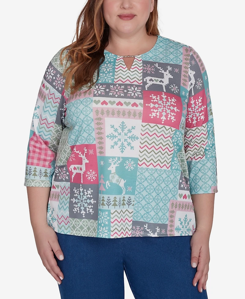 Alfred Dunner Plus Size Classic Reindeer Patchwork Top