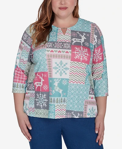 Alfred Dunner Plus Size Classic Reindeer Patchwork Top