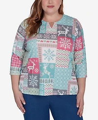 Alfred Dunner Plus Size Classic Reindeer Patchwork Top