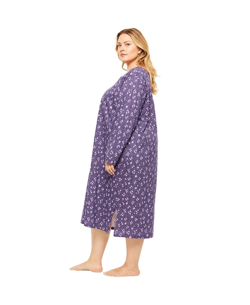 Dreams & Co. Women's Plus Long-Sleeve Henley Print Sleepshirt