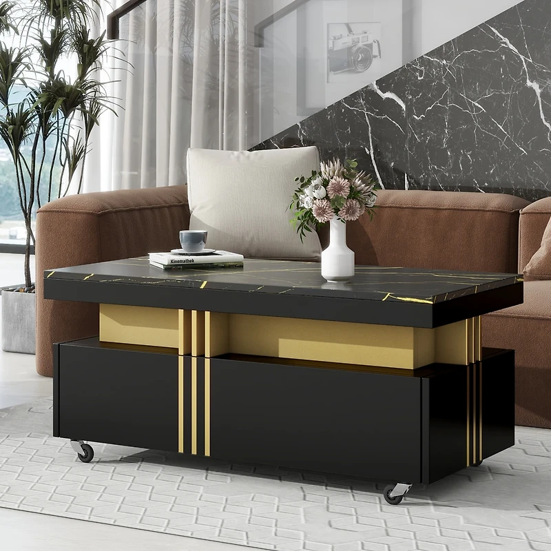 Streamdale Modern Marble Top Coffee Table With Caster Wheels