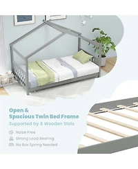 Twin Size House Bed with Roof Wooden Low Floor Bed No Box Spring Needed