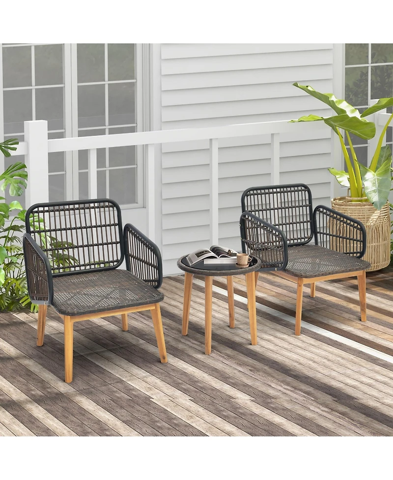 3 Pcs Patio Furniture Set with Cushioned Chairs and Tempered Glass Side Table