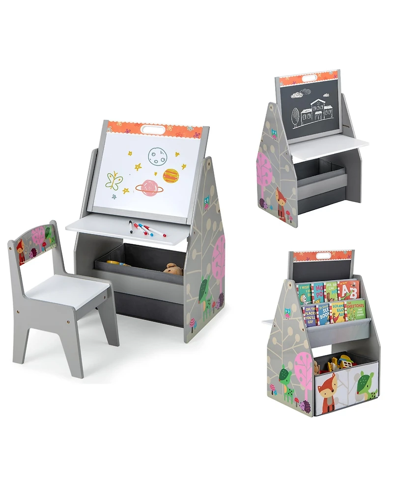 Costway Kids Table & Chair Set with Rotatable Double-sided Magnetic Blackboard Whiteboard