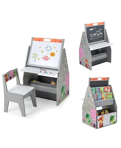 Costway Kids Table & Chair Set with Rotatable Double-sided Magnetic Blackboard Whiteboard