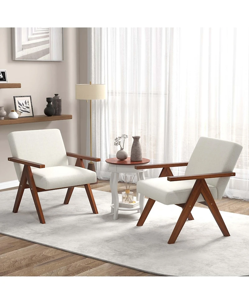 2 Pcs Modern Accent Chair Linen Fabric Armchair with Solid Acacia Wood Frame