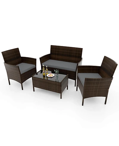 4 Pcs Patio Furniture Set with Washable Cushions and Tempered Glass Coffee Table