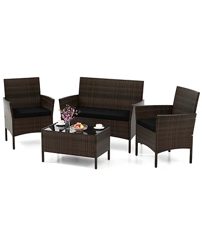 4 Pcs Patio Furniture Set with Washable Cushions and Tempered Glass Coffee Table