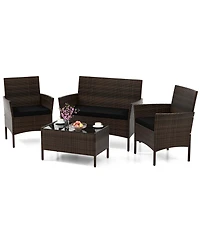 4 Pcs Patio Furniture Set with Washable Cushions and Tempered Glass Coffee Table