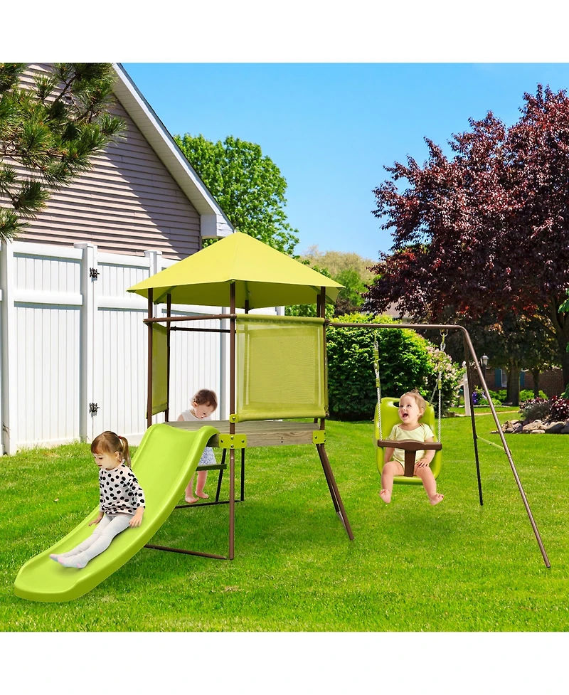 Costway 4-in-1 Swing Set with Covered Playhouse Fort Height Adjustable Baby Seat Slide
