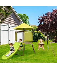 Costway 4-in-1 Swing Set with Covered Playhouse Fort Height Adjustable Baby Seat Slide