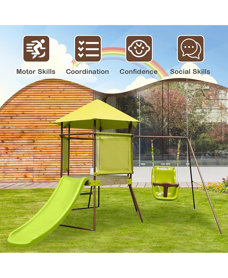 Costway 4-in-1 Swing Set with Covered Playhouse Fort Height Adjustable Baby Seat Slide