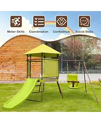 Costway 4-in-1 Swing Set with Covered Playhouse Fort Height Adjustable Baby Seat Slide