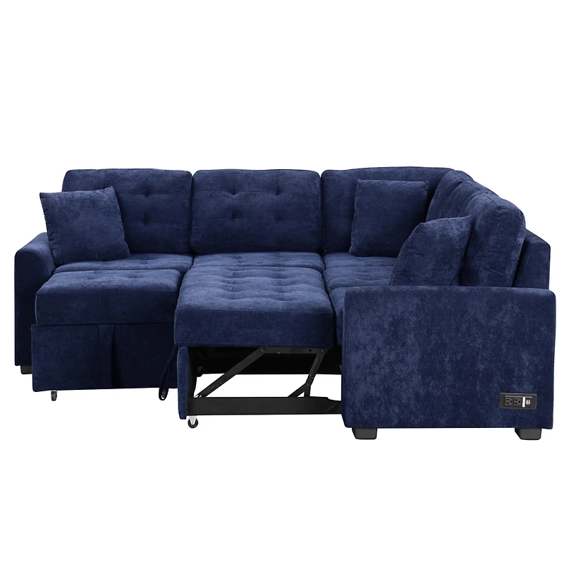 Simplie Fun 82.6" L-Shape Sofa Bed with Usb Ports and Wheels, Navy Blue
