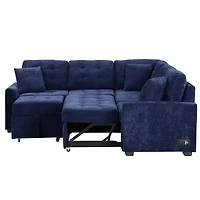 Simplie Fun 82.6" L-Shape Sofa Bed with Usb Ports and Wheels, Navy Blue