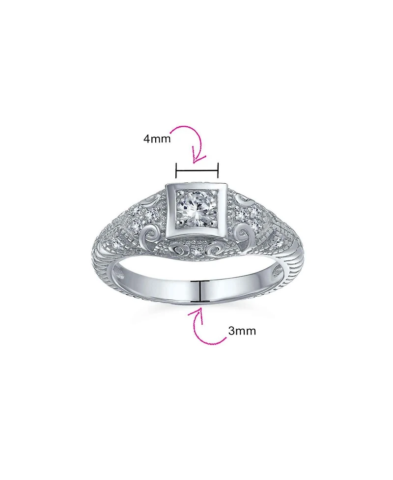 Bling Jewelry 1CT Deco Style Square Bezel Solitaire Round Cz Milgrain Promise Ring Sterling Silver