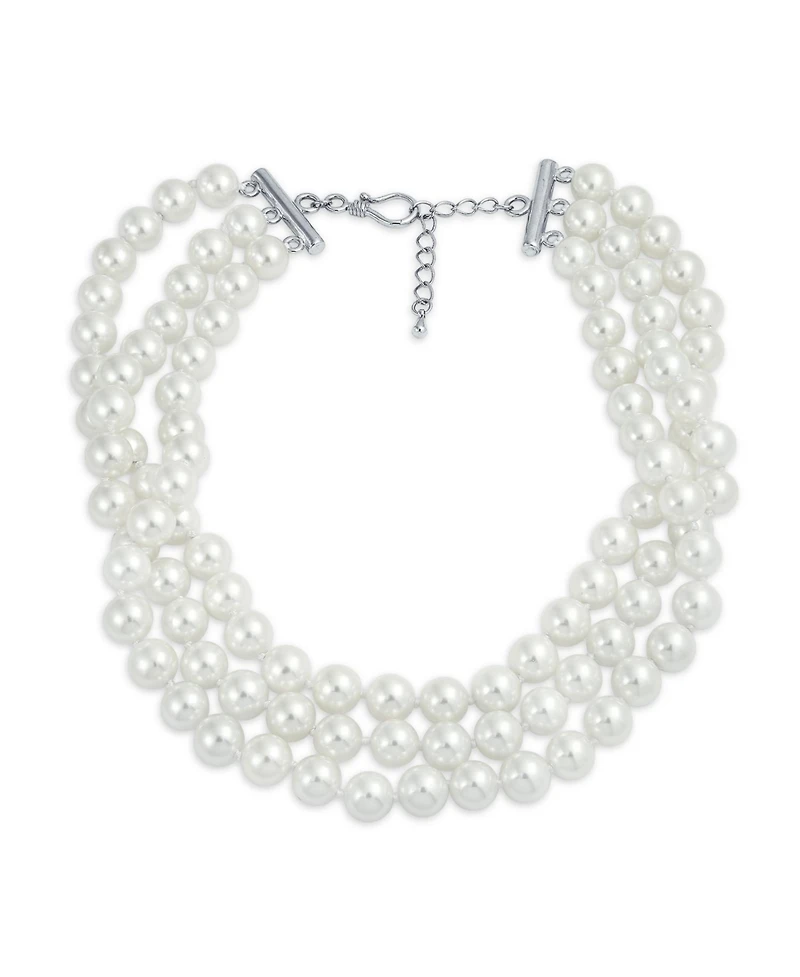 Bling Jewelry Hand Knotted 3 Row White Simulated Pearl Strand Collar Necklace Prom