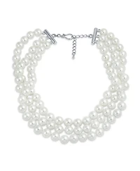 Bling Jewelry Hand Knotted 3 Row White Simulated Pearl Strand Collar Necklace Prom
