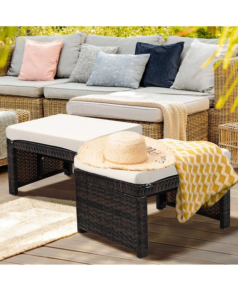 Gymax Set of 2 Rattan Ottoman Footrest Footstool Patio Furniture w/ White Cushion