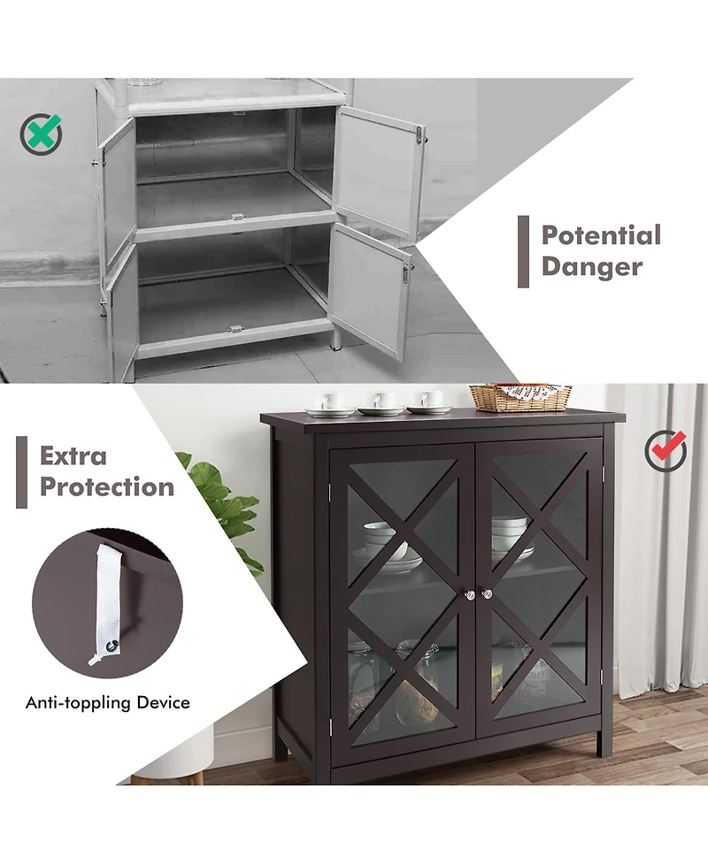 Kitchen Storage Cabinet Buffet Sideboard w/ Glass Doors & Adjustable Shelf
