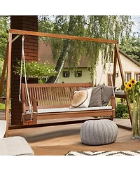 Costway 2-Person Hanging Porch Swing Wood Bench with Cushion Curved Back Outdoor Natural