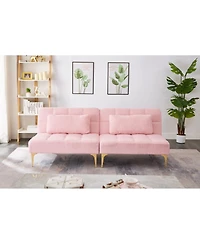 Simplie Fun 71" Convertible Sofa Bed Futon With Gold Metal Legs Teddy Fabric (Pink)