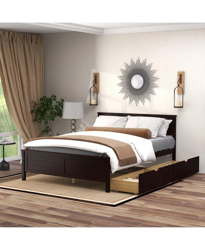 Full Bed Frame with Storage Drawers and Solid Wood Headboard