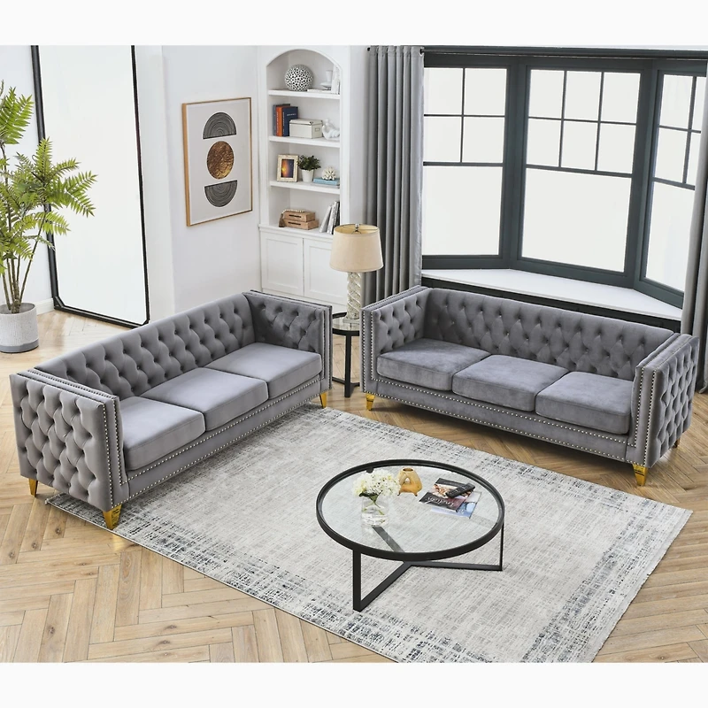 Streamdale Modern Grey Velvet Sofa Set with Metal Legs