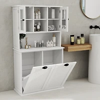 Two-Compartment Tilt-Out Dirty Laundry Basket Tall Bathroom Cabinet With 2 Adjustable Shelves-White