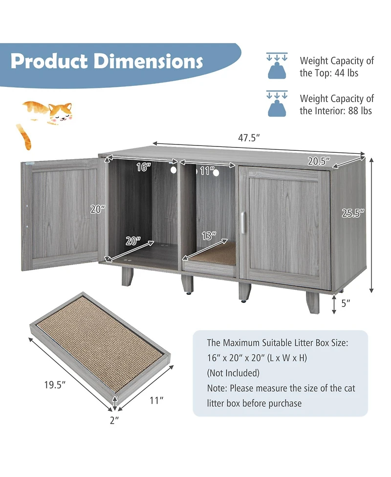 2-Door Cat Litter Box Enclosure with Winding Entry and Scratching Board