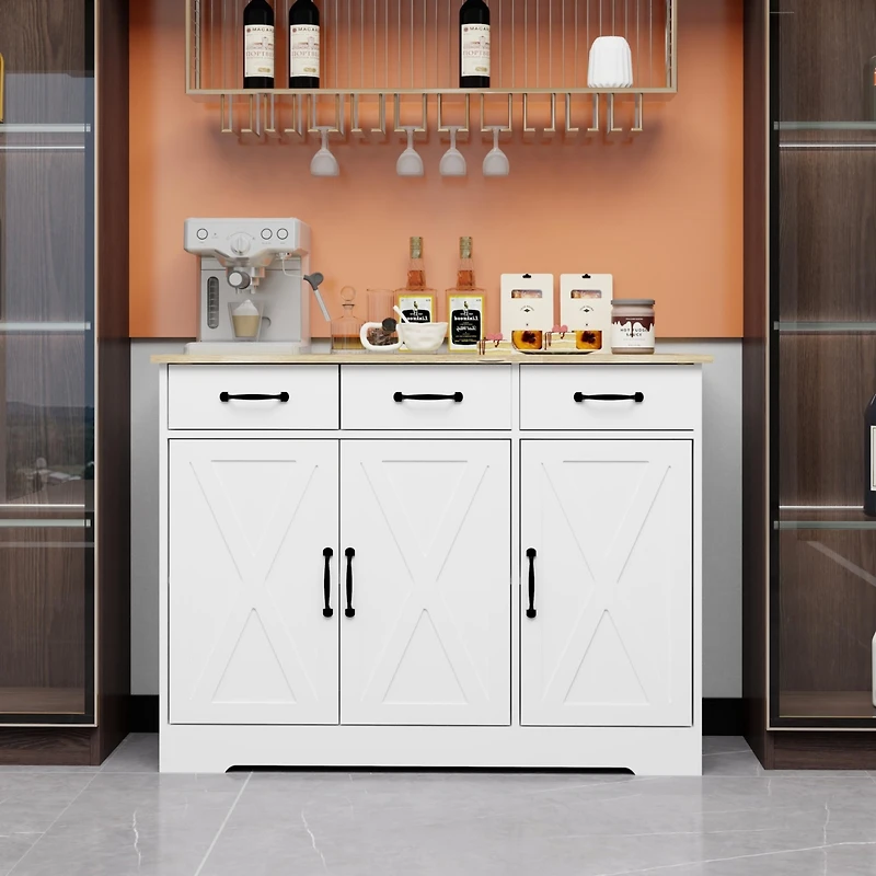 Streamdale White Farmhouse Buffet Cabinet with Drawers and Doors