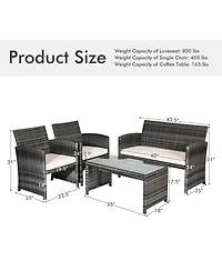 Sugift 4 Pieces Patio Rattan Furniture Set with Glass Table and Loveseat
