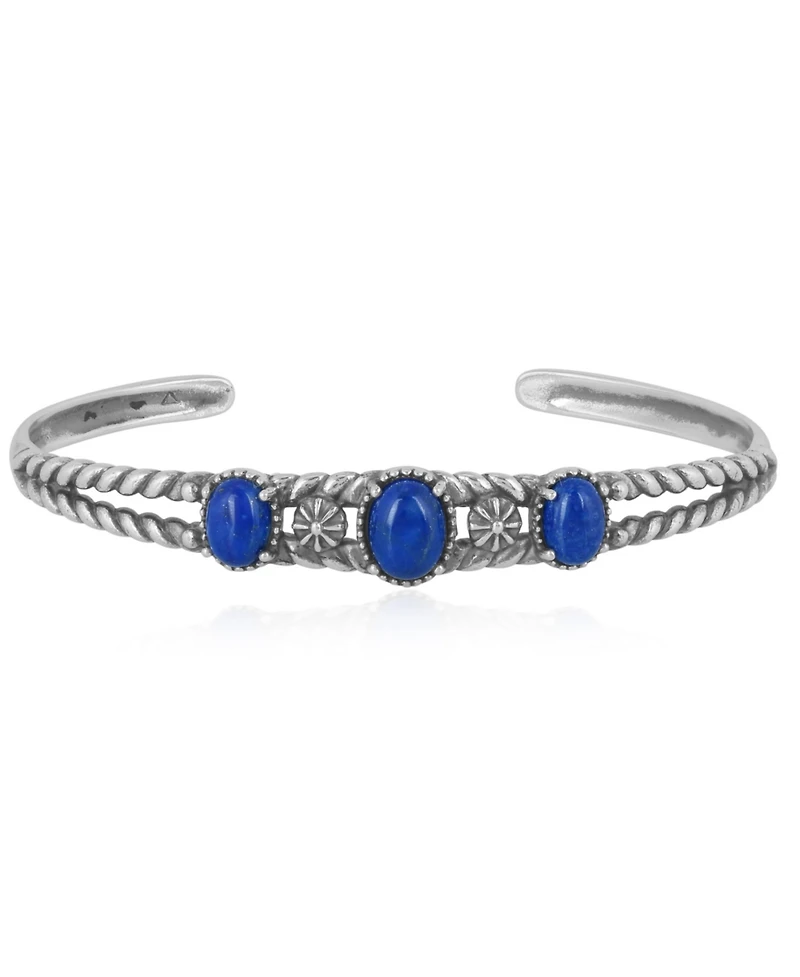 American West Jewelry Sterling Silver Genuine Lapis 3 Stone Cuff Bracelet Size Small - Large