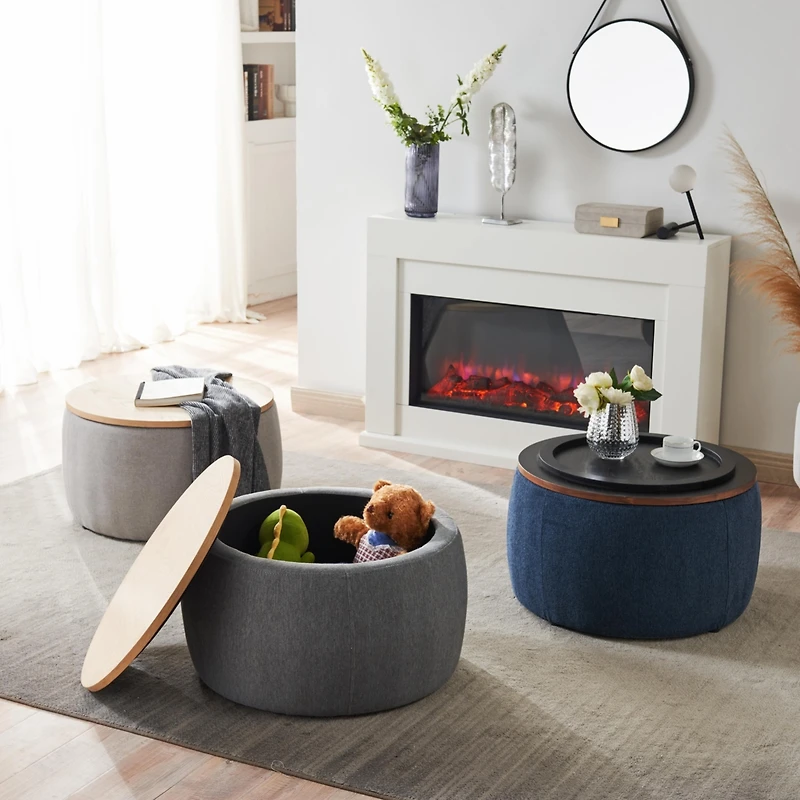 Streamdale Round Storage Ottoman, 2 In 1 Function, Work As End Table And Ottoman