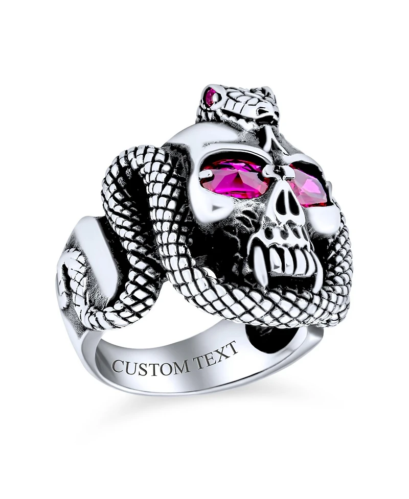 Bling Jewelry Large Biker Halloween Devil Gothic Pirate Day Of Dead Red Cz Eyes Serpent Snake Skull Head Ring Oxidized Sterling Silver