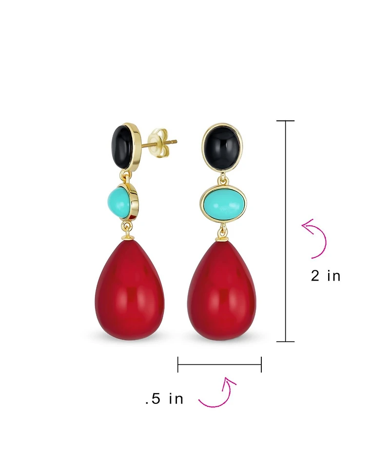 Unique Geometric Dangling Teardrop Ball Multi Shape Oval & 3 Multi-Tier Natural Gemstone Party Earrings for Women 14K Yellow Gold