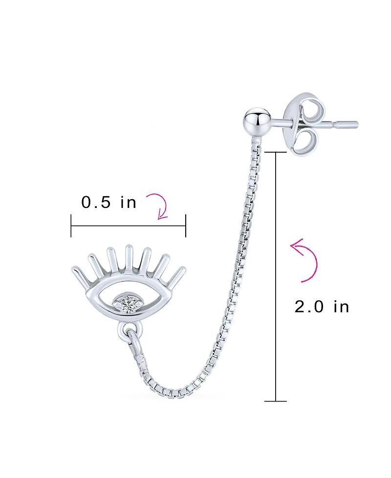 Bling Jewelry Eye lash Cz Accent Evil Eye Double Pierced Cartilage Ear Lobe Helix Chain Ball Ear Stud Earrings Body Piercing Sterling Silver